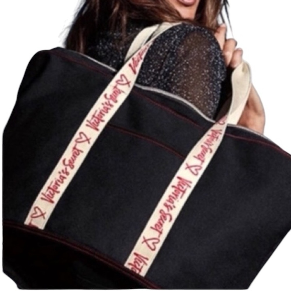 Victoria’s Secret black Canvas Tote Bag with signature red Logo Straps
